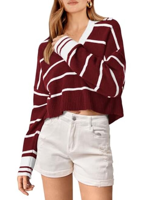 PRETTYGARDEN Women's Pullover Striped Sweaters Casual Lapel V Neck Long Sleeve Ribbed Knit Loose Jumper Top