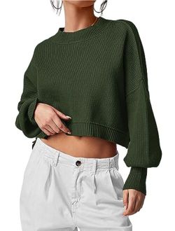 Women's Fall Cropped Striped Sweaters Casual Long Sleeve Crewneck Pullover Oversized Winter Tops Jumper