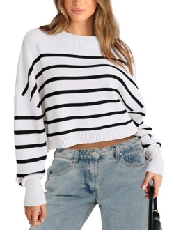 Women's Fall Cropped Striped Sweaters Casual Long Sleeve Crewneck Pullover Oversized Winter Tops Jumper