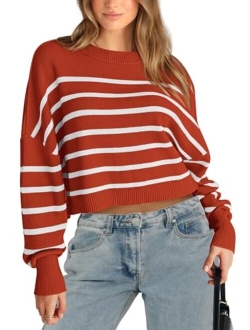 Women's Fall Cropped Striped Sweaters Casual Long Sleeve Crewneck Pullover Oversized Winter Tops Jumper