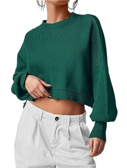 Women's Fall Cropped Striped Sweaters Casual Long Sleeve Crewneck Pullover Oversized Winter Tops Jumper