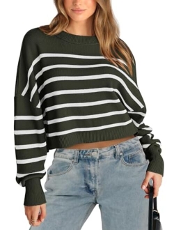 Women's Fall Cropped Striped Sweaters Casual Long Sleeve Crewneck Pullover Oversized Winter Tops Jumper