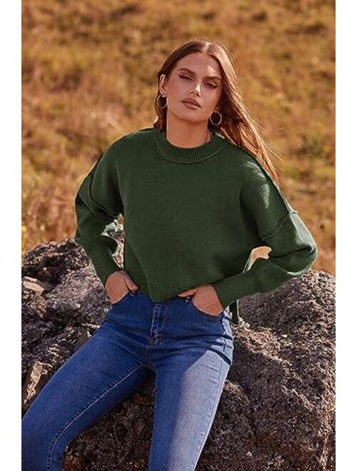 PRETTYGARDEN Women's Fall Cropped Striped Sweaters Casual Long Sleeve Crewneck Pullover Oversized Winter Tops Jumper