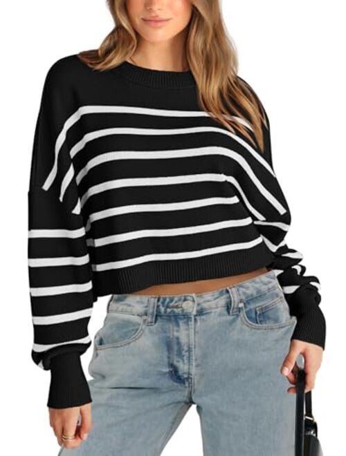 PRETTYGARDEN Women's Fall Cropped Striped Sweaters Casual Long Sleeve Crewneck Pullover Oversized Winter Tops Jumper