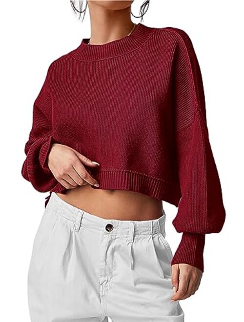 PRETTYGARDEN Women's Fall Cropped Striped Sweaters Casual Long Sleeve Crewneck Pullover Oversized Winter Tops Jumper