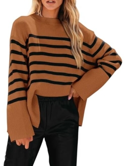 Women's 2023 Fall Striped Sweater Oversized Long Sleeve Crew Neck Side Slit Casual Trendy Knit Pullover Sweaters