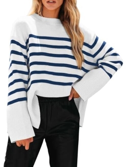 Women's 2023 Fall Striped Sweater Oversized Long Sleeve Crew Neck Side Slit Casual Trendy Knit Pullover Sweaters