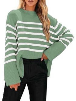 Women's 2023 Fall Striped Sweater Oversized Long Sleeve Crew Neck Side Slit Casual Trendy Knit Pullover Sweaters