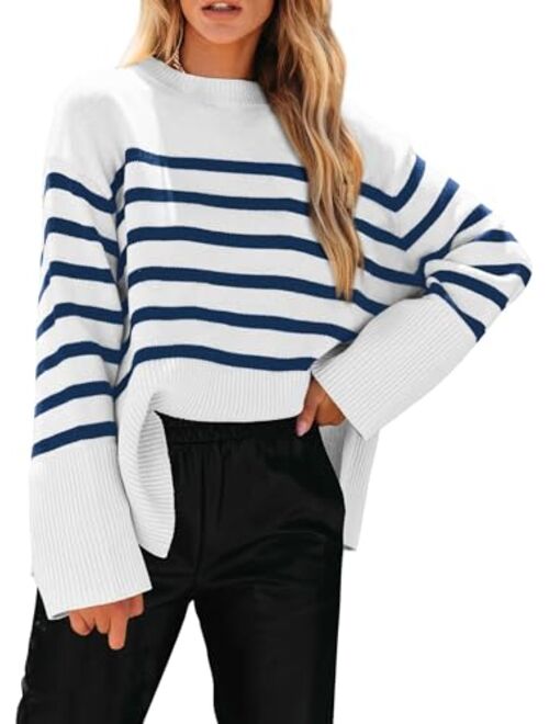 PRETTYGARDEN Women's 2023 Fall Striped Sweater Oversized Long Sleeve Crew Neck Side Slit Casual Trendy Knit Pullover Sweaters