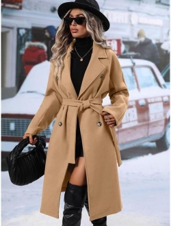 SHEIN Frenchy Lapel Neck Double Breasted Belted Overcoat