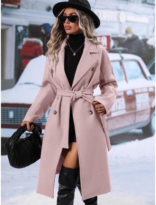 SHEIN Frenchy Lapel Neck Double Breasted Belted Overcoat