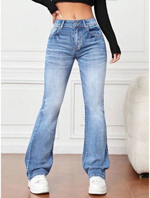 SHEIN EZwear Bleach Wash Flare Leg Jeans