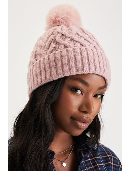 Lulus Chilly Day Charm Rose Pink Cable Knit Pom Pom Beanie