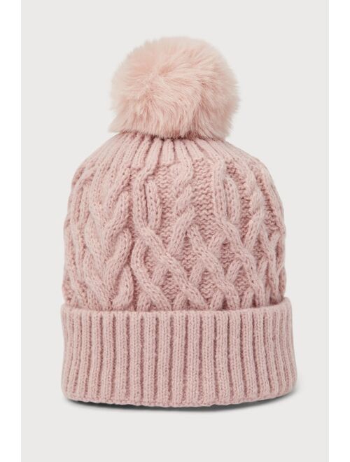 Lulus Chilly Day Charm Rose Pink Cable Knit Pom Pom Beanie