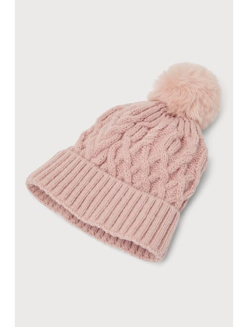 Lulus Chilly Day Charm Rose Pink Cable Knit Pom Pom Beanie