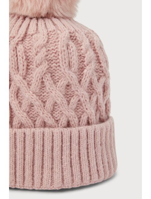 Lulus Chilly Day Charm Rose Pink Cable Knit Pom Pom Beanie