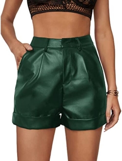 Women's High Waisted PU Leather Shorts Roll Hem Shorts with Pockets