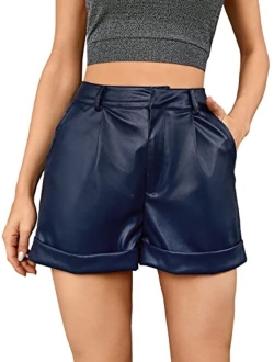 Women's High Waisted PU Leather Shorts Roll Hem Shorts with Pockets