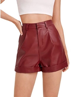 Women's High Waisted PU Leather Shorts Roll Hem Shorts with Pockets