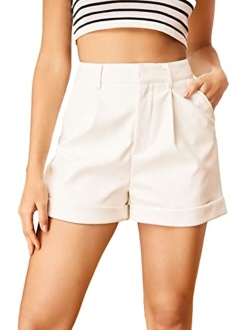 Women's High Waisted PU Leather Shorts Roll Hem Shorts with Pockets