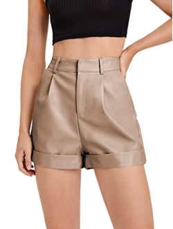 Women's High Waisted PU Leather Shorts Roll Hem Shorts with Pockets