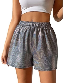 Women's High Waisted PU Leather Shorts Roll Hem Shorts with Pockets