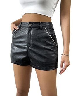 Women's High Waisted PU Leather Shorts Roll Hem Shorts with Pockets