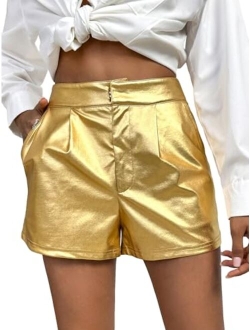 Women's High Waisted PU Leather Shorts Roll Hem Shorts with Pockets