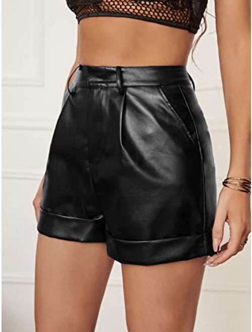 WDIRARA Women's High Waisted PU Leather Shorts Roll Hem Shorts with Pockets