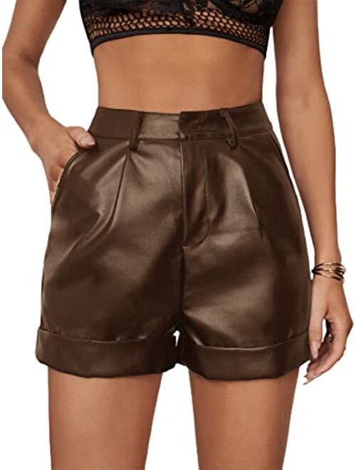 WDIRARA Women's High Waisted PU Leather Shorts Roll Hem Shorts with Pockets