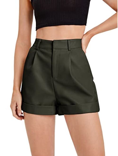 WDIRARA Women's High Waisted PU Leather Shorts Roll Hem Shorts with Pockets