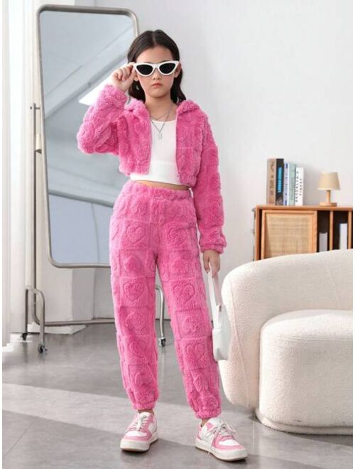 SHEIN Kids EVRYDAY Tween Girl 1pc Letter Embossed Crop Zip Up Hooded Teddy Jacket & 1pc Pants