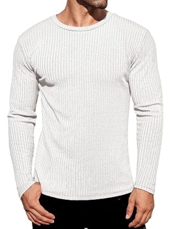 Men's Long Sleeve Shirts Ribbed Pullover Sweater Sim Fit Thermal Tops Crew Neck Stretchy Undershirts S-XXL