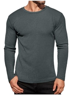 Men's Long Sleeve Shirts Ribbed Pullover Sweater Sim Fit Thermal Tops Crew Neck Stretchy Undershirts S-XXL