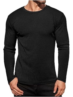 Men's Long Sleeve Shirts Ribbed Pullover Sweater Sim Fit Thermal Tops Crew Neck Stretchy Undershirts S-XXL