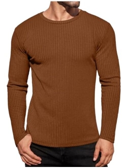 Men's Long Sleeve Shirts Ribbed Pullover Sweater Sim Fit Thermal Tops Crew Neck Stretchy Undershirts S-XXL