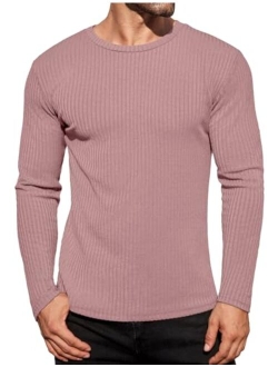 Men's Long Sleeve Shirts Ribbed Pullover Sweater Sim Fit Thermal Tops Crew Neck Stretchy Undershirts S-XXL