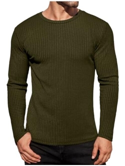 Men's Long Sleeve Shirts Ribbed Pullover Sweater Sim Fit Thermal Tops Crew Neck Stretchy Undershirts S-XXL