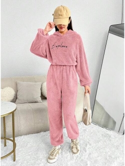 Teen Girl Letter Embroidery Teddy Hoodie & Pants