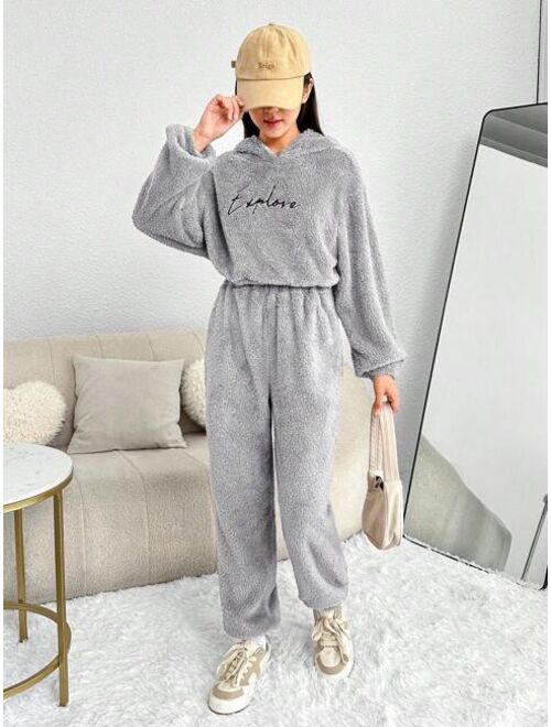 Shein Teen Girl Letter Embroidery Teddy Hoodie & Pants