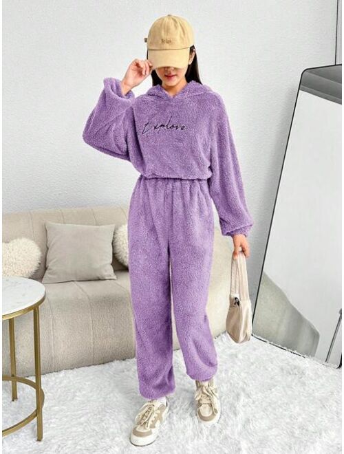 Shein Teen Girl Letter Embroidery Teddy Hoodie & Pants