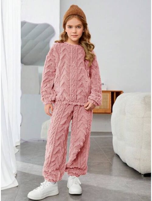 SHEIN Tween Girl Solid Drop Shoulder Teddy Pullover & Pants