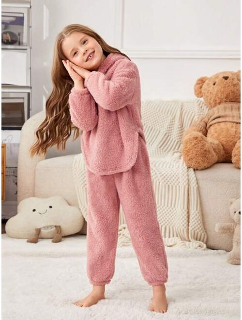 SHEIN Young Girl Solid Teddy Hoodie & Pants