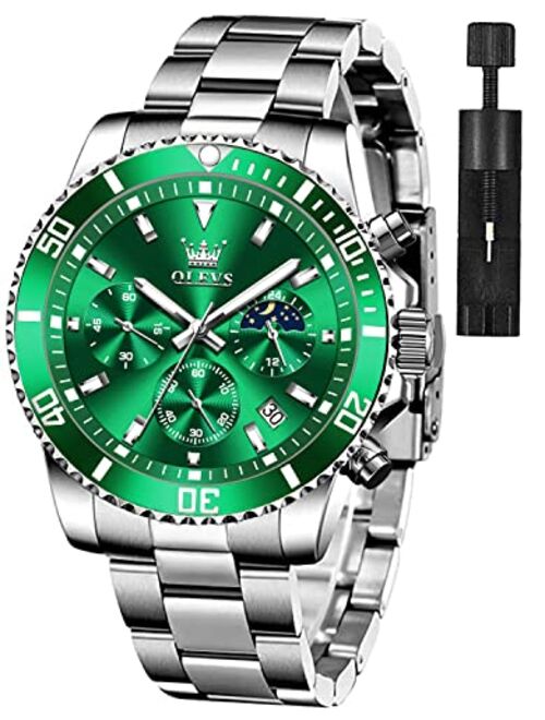 OLEVS Watches for Men Classic with Date Business Dress Luxury Big Face Green/Black/Blue Waterproof Luminous Mens Wrist Watch Analog Two Tone Stainless Steel Men Watch