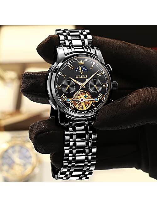 OLEVS Mens Watch Automatic Mechanical Tourbillon Self Winding Luxury Stainless Steel Waterproof Luminous Date Wrist Watch