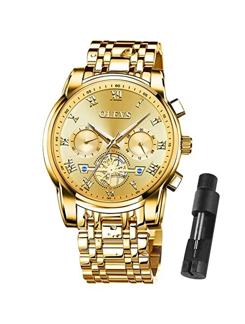 OLEVS Mens Watches Waterproof Stainless Steel Adjustable Bracelet Watch Quartz Analog Watch for Men Fashion Business Classic Mens's Wrist watch's Casual Watches Gold/Blue