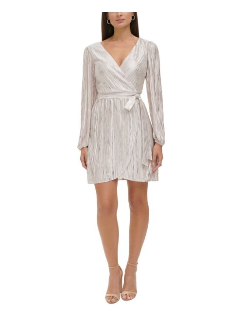 GUESS Women's Foil-Dot V-Neck Belted Long-Sleeve Dress