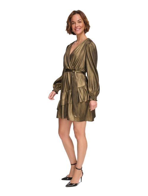 DKNY Women's Metallic V-Neck Long-Sleeve Tiered Dress