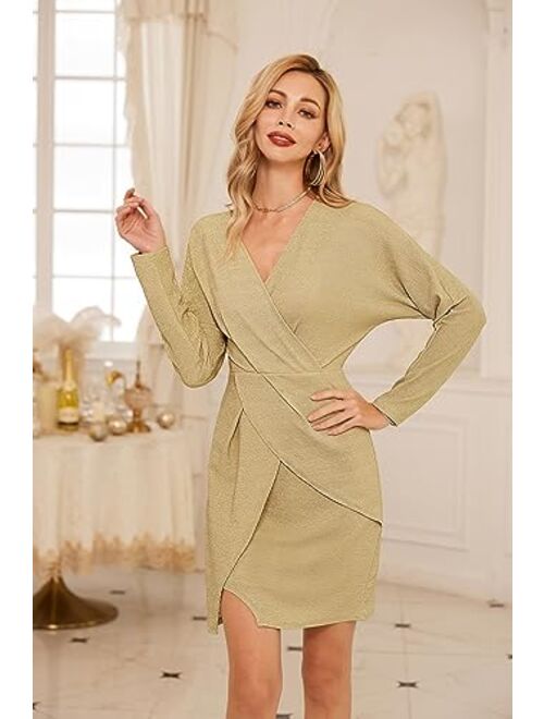 GRACE KARIN Womens 2023 Sparkle Party Dress Bodycon Midi Dress Wrap V Neck Long Sleeve Cocktail Fall Dress