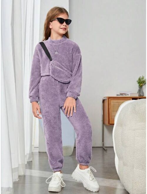 SHEIN Tween Girl Drop Shoulder Teddy Pullover & Pants & Bag